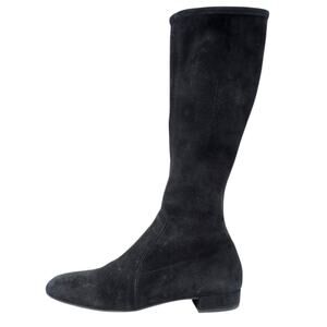 Prada Black Suede Knee High Stretch Boots Square‎ Toe Flat Heel Women’s 37.5